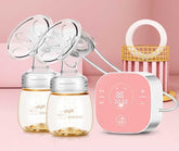 Electric smart breast pump with dual bottles and silicone flanges in pink and white