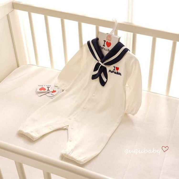Navy Style Newborn Baby Onesie cotton long sleeve bodysuit front view
