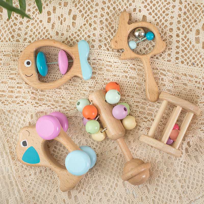 Natural Beechwood Baby Rattle Set wooden baby toys close-up

