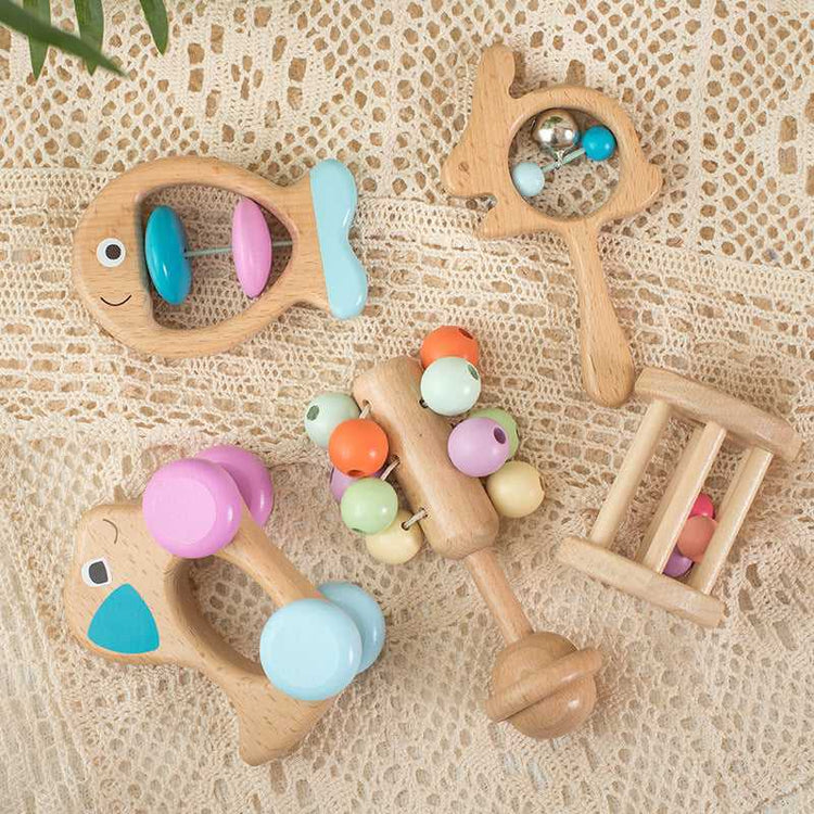 Natural Beechwood Baby Rattle Set wooden baby toys close-up
