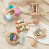 Beechwood Baby Rattle Set 5-Piece Wooden Sensory Toy Set for infants
