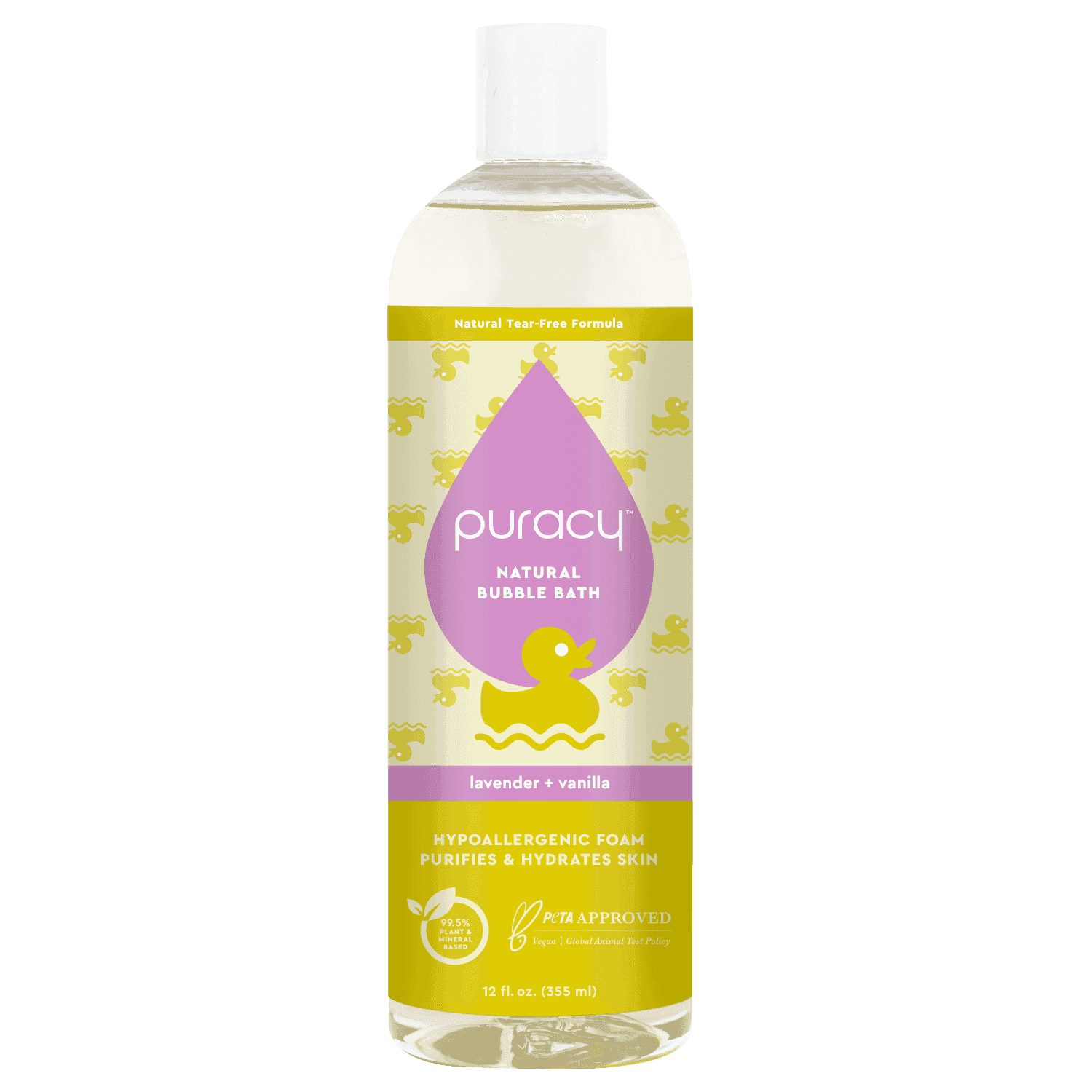 Baby bubble bath bottle with lavender and vanilla scent, hypoallergenic formula, gentle for sensitive skin