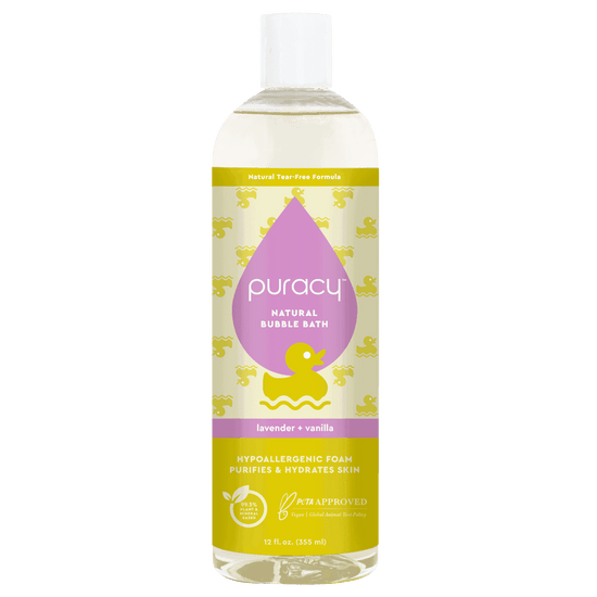 Baby bubble bath bottle with lavender and vanilla scent, hypoallergenic formula, gentle for sensitive skin