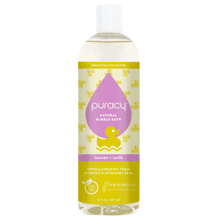 Baby bubble bath bottle with lavender and vanilla scent, hypoallergenic formula, gentle for sensitive skin