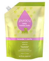 Baby bubble bath bottle with lavender and vanilla scent, hypoallergenic formula, gentle for sensitive skin