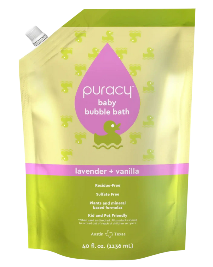 Baby bubble bath bottle with lavender and vanilla scent, hypoallergenic formula, gentle for sensitive skin