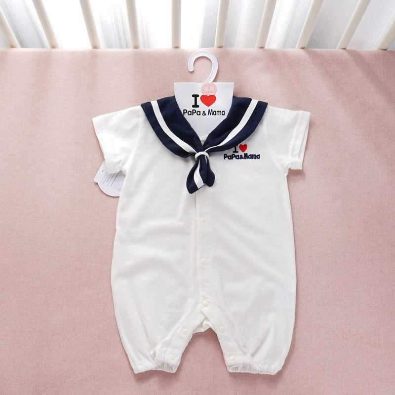 Navy Style Baby Onesie laid flat showing full design and stitching
