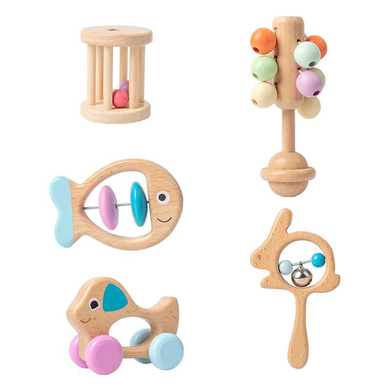 Beechwood Baby Rattle Set with five wooden rattles
